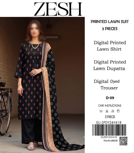 ZESH Unstitched Printed Lawn 3pc Suit