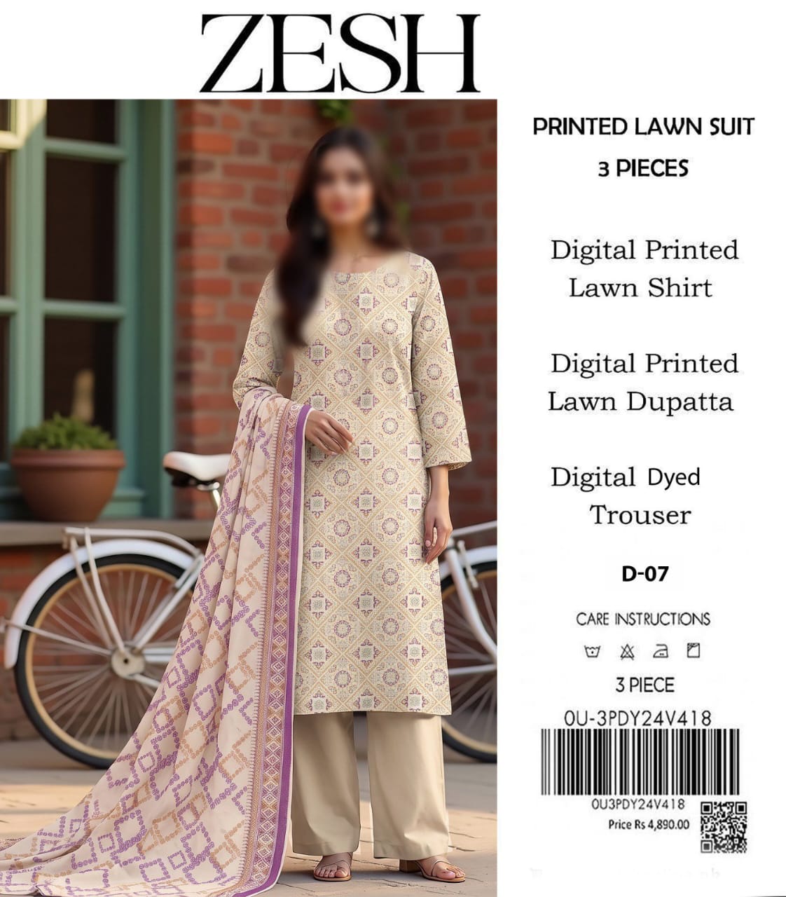 ZESH Unstitched Printed Lawn 3pc Suit