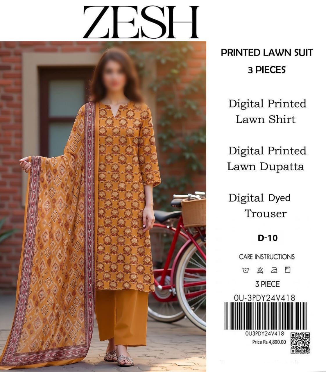 ZESH Unstitched Printed Lawn 3pc Suit