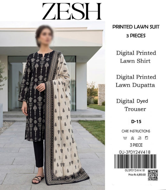 ZESH Unstitched Printed Lawn 3pc Suit