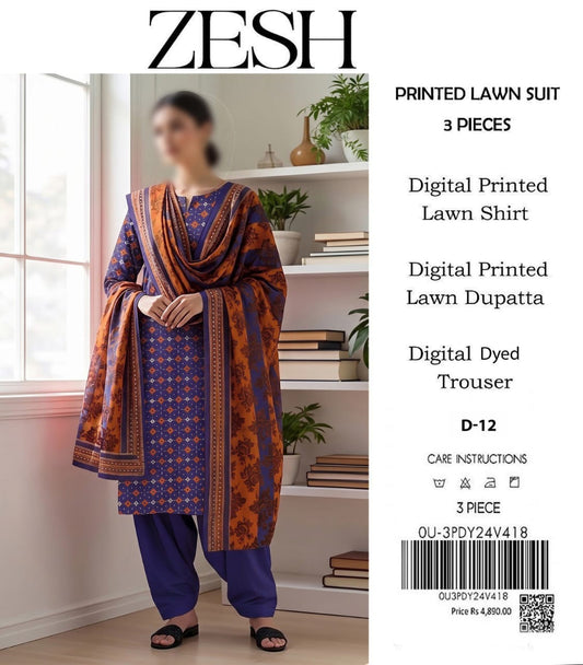 ZESH Unstitched Printed Lawn 3pc Suit