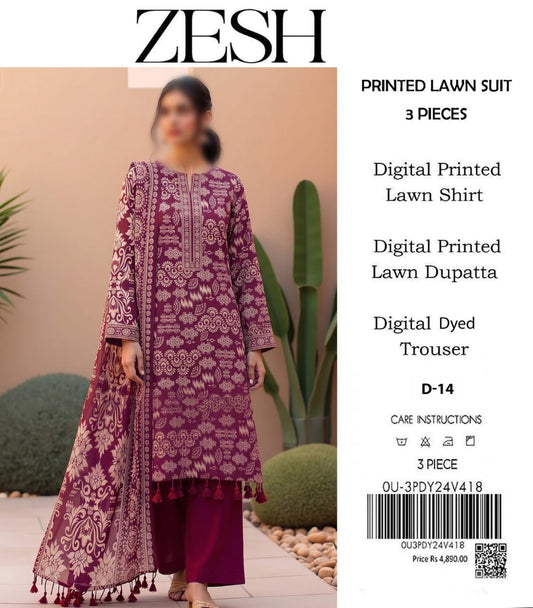 ZESH Unstitched Printed Lawn 3pc Suit