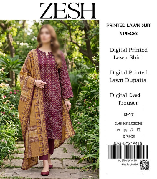 ZESH Unstitched Printed Lawn 3pc Suit