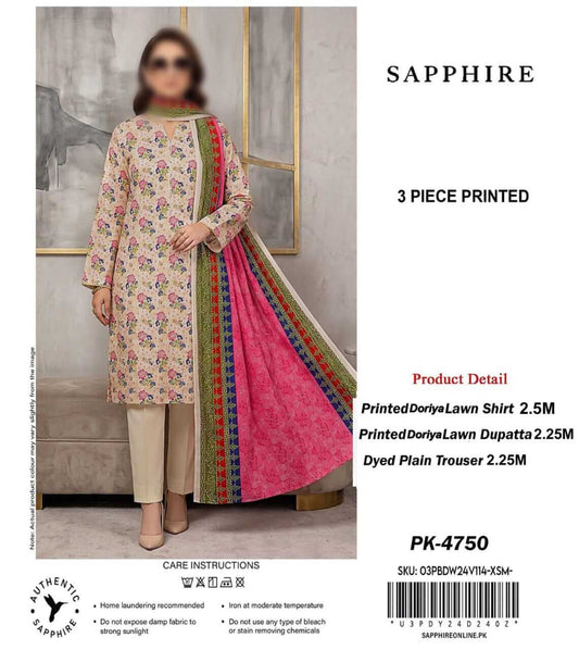Sapphire Unstitched Printed Lawn 3pc Suit