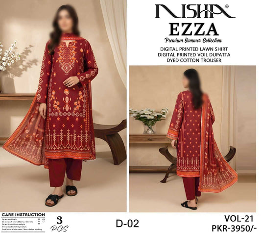 Ezza by Nisha Unstitched Printed Lawn 3pc Suit
