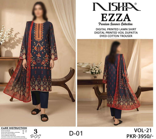 Ezza by Nisha Unstitched Printed Lawn 3pc Suit