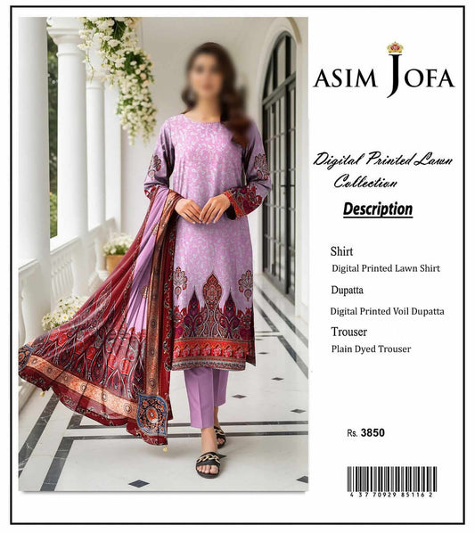 Asim Jofa Unstitched Printed Lawn 3pc Suit