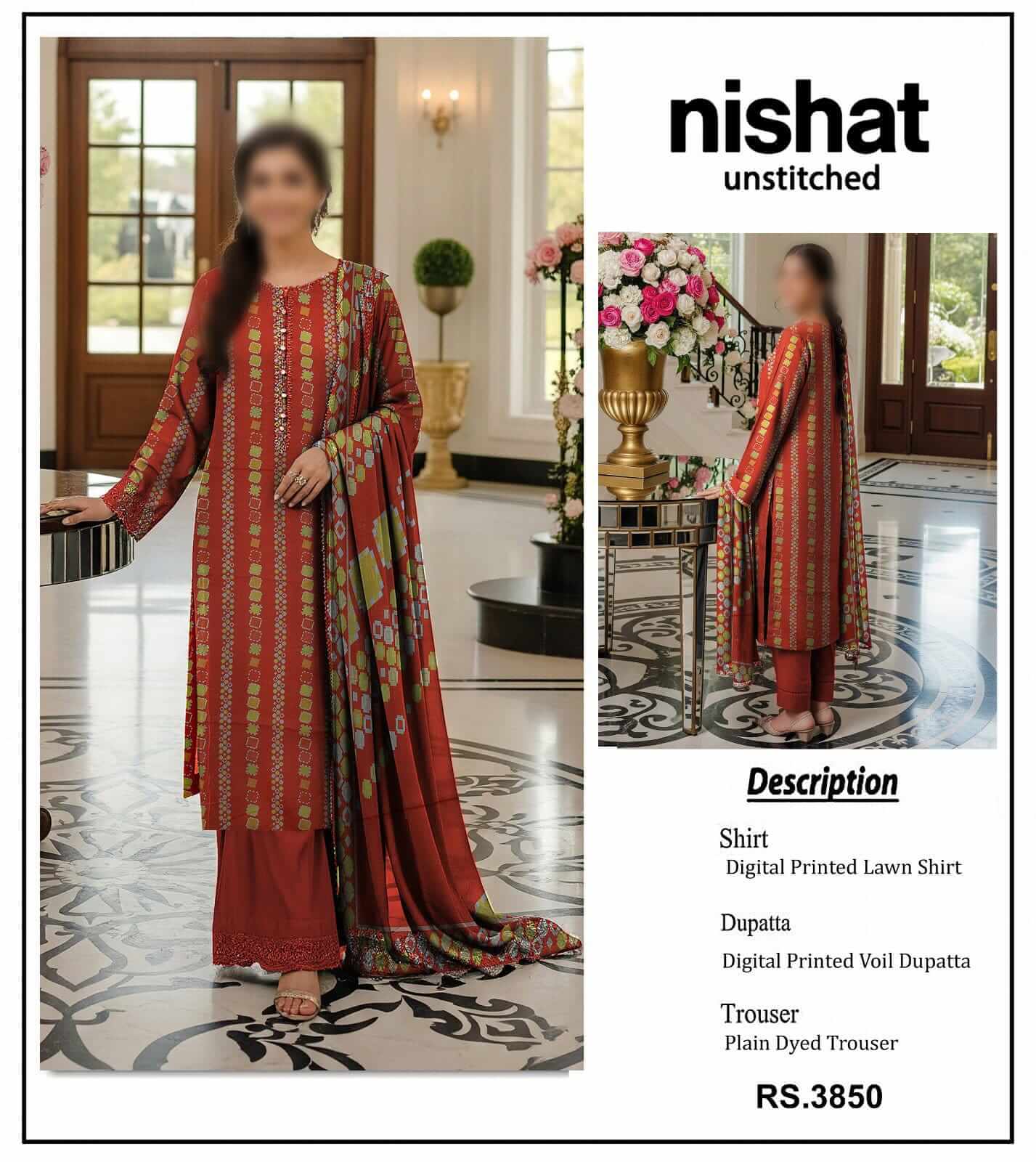 Nishat Unstitched Printed Lawn 3pc Suit