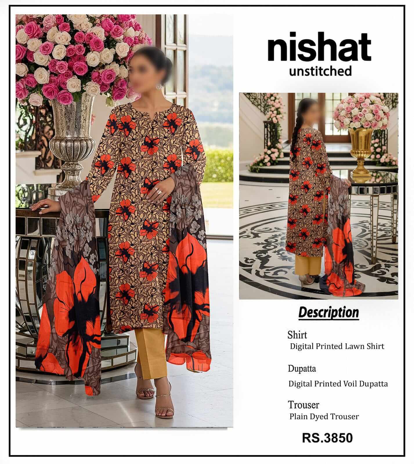 Nishat Unstitched Printed Lawn 3pc Suit