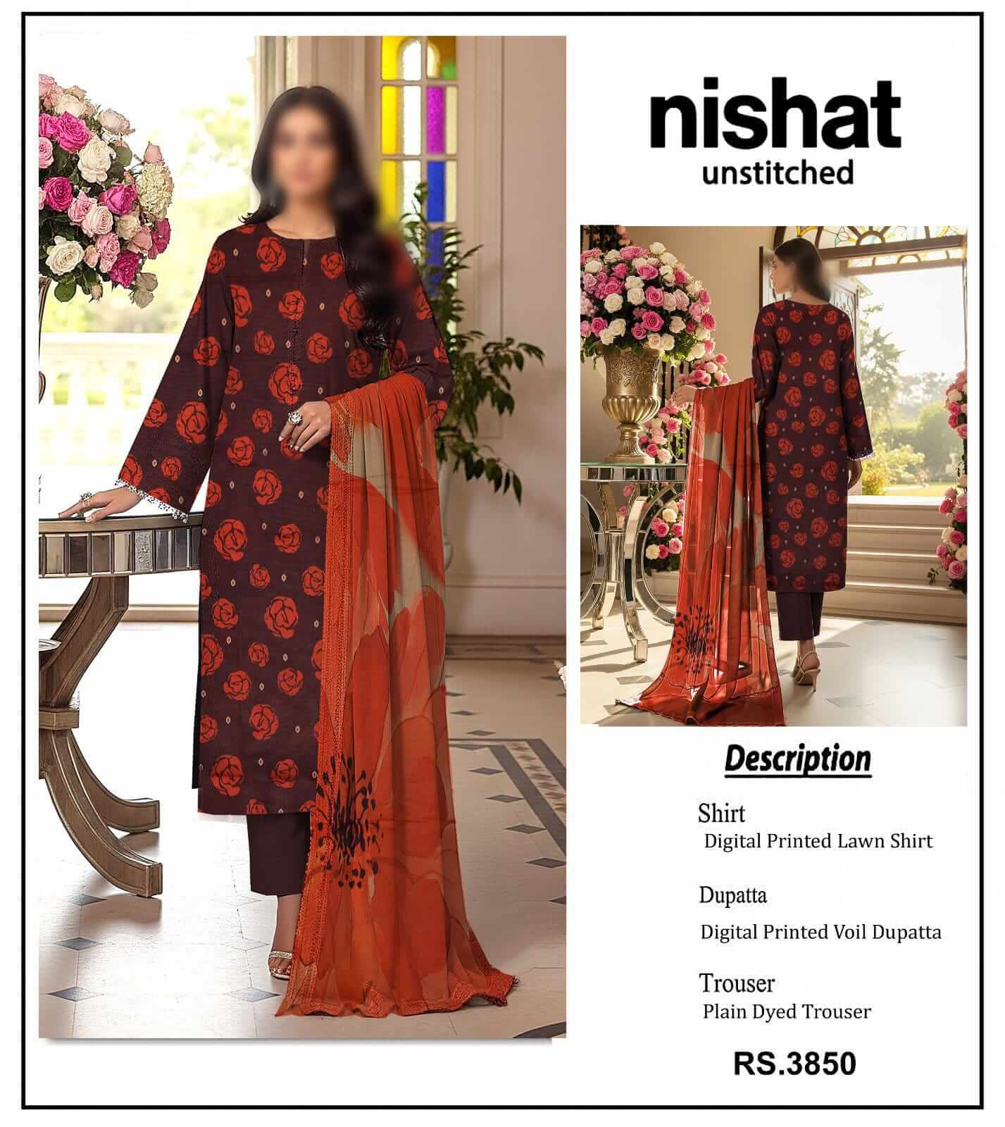 Nishat Unstitched Printed Lawn 3pc Suit