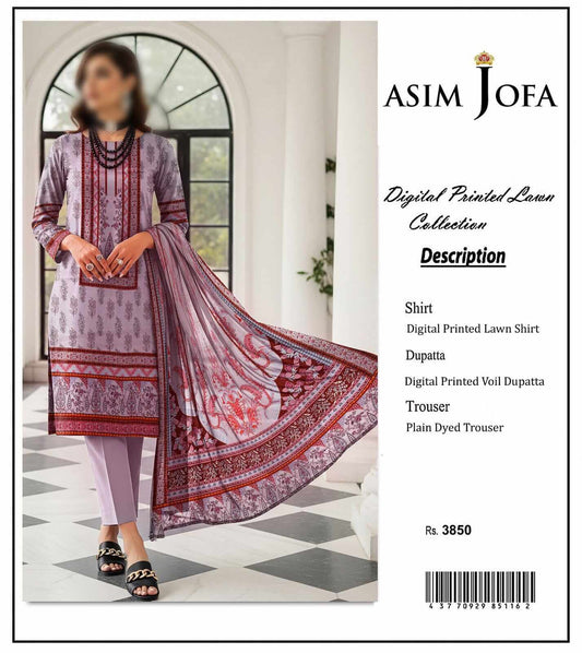 Asim Jofa Unstitched Printed Lawn 3pc Suit