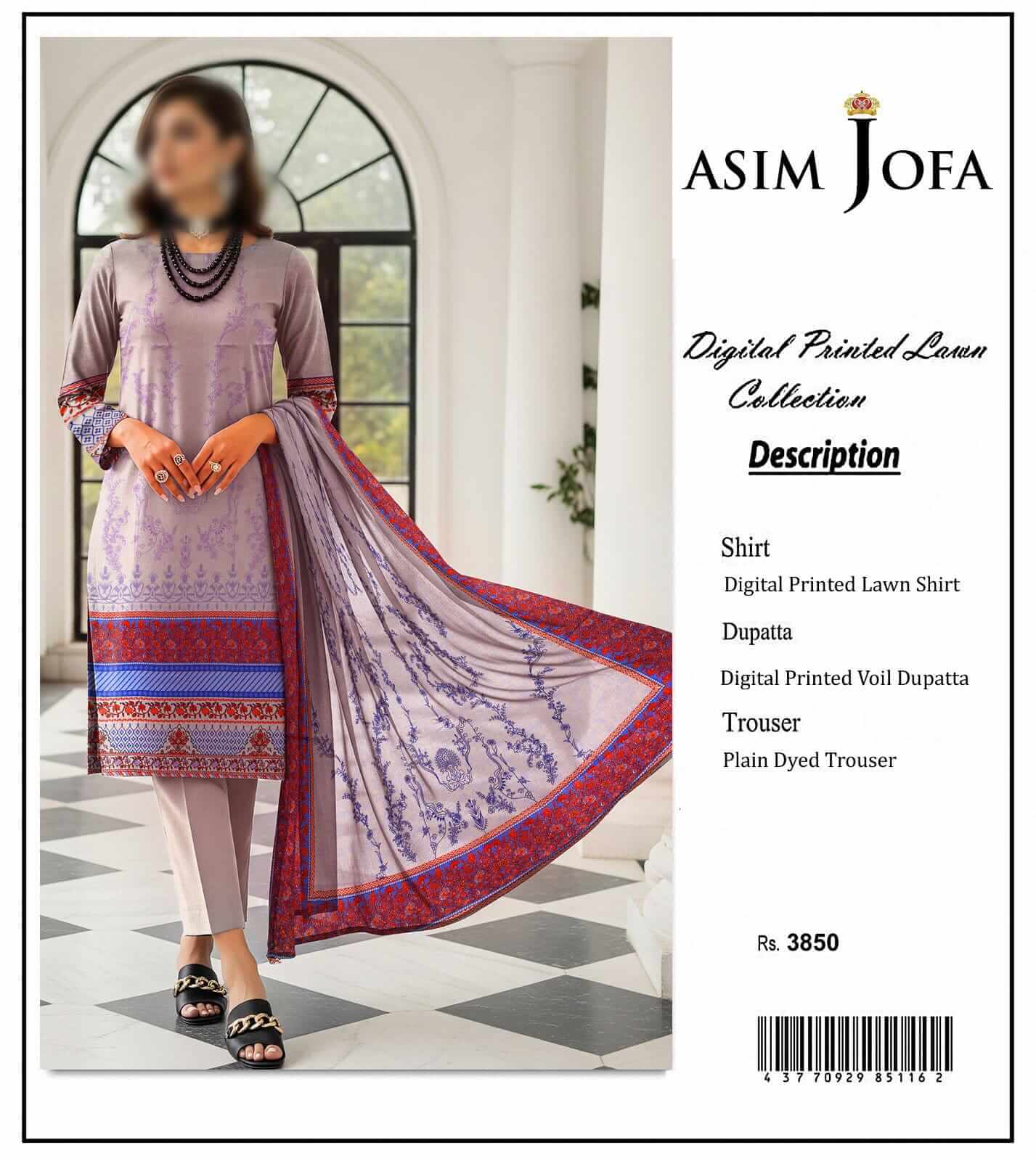 Asim Jofa Unstitched Printed Lawn 3pc Suit