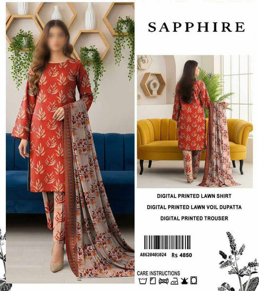 Sapphire Unstitched Printed Lawn 3pc Suit