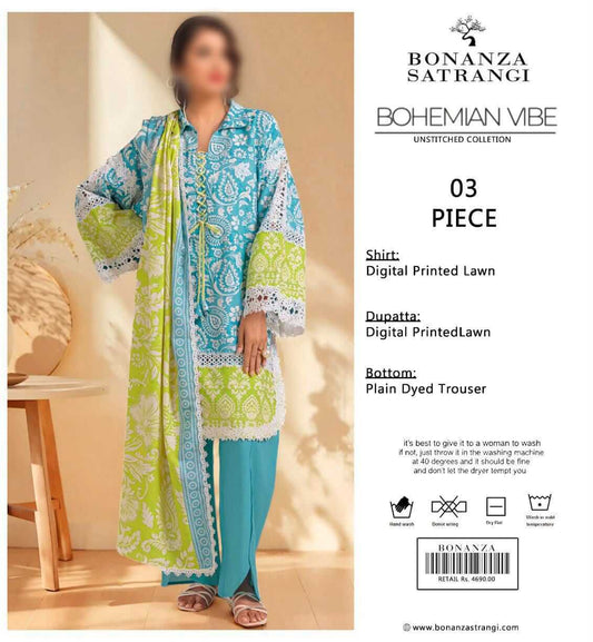 Bonanza Satrangi  Unstitched Printed Lawn 3pc Suit