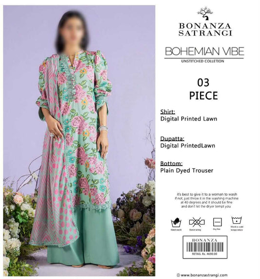 Bonanza Satrangi  Unstitched Printed Lawn 3pc Suit