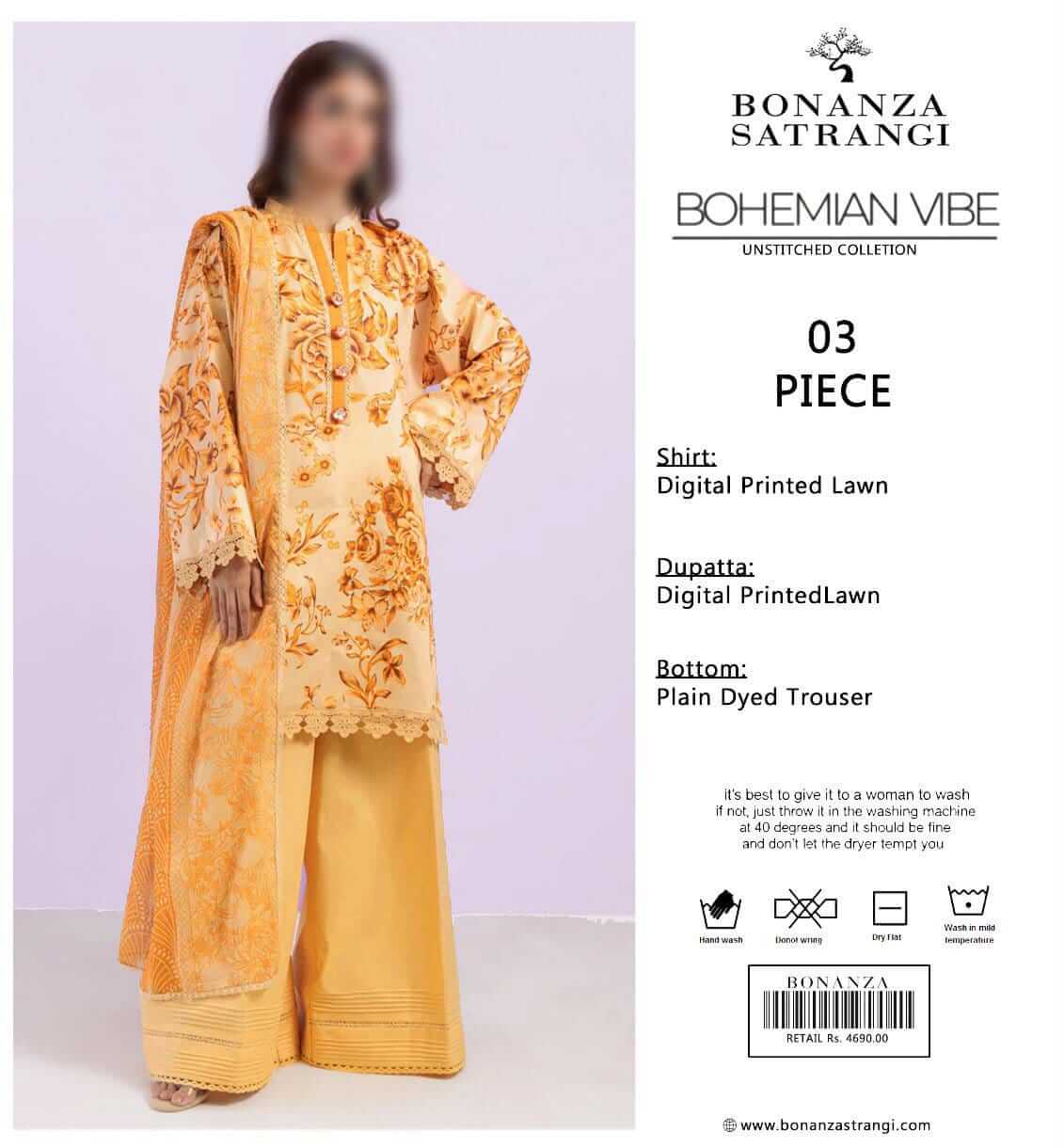 Bonanza Satrangi  Unstitched Printed Lawn 3pc Suit