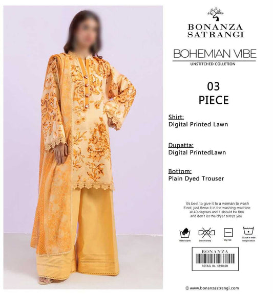 Bonanza Satrangi  Unstitched Printed Lawn 3pc Suit