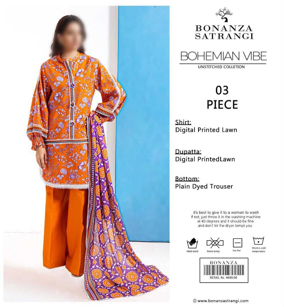 Bonanza Satrangi  Unstitched Printed Lawn 3pc Suit
