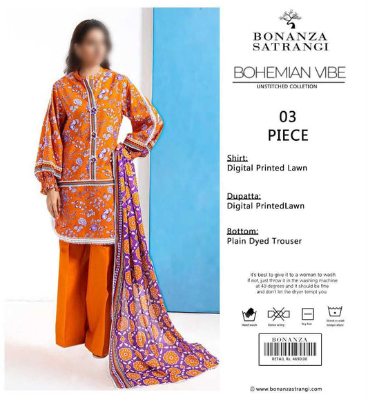 Bonanza Satrangi  Unstitched Printed Lawn 3pc Suit