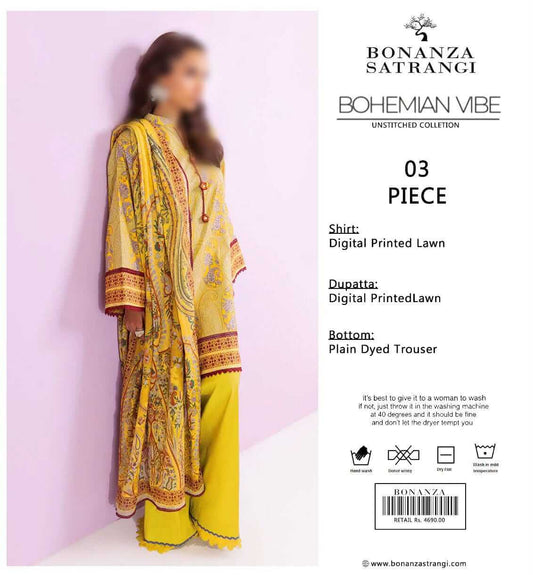 Bonanza Satrangi  Unstitched Printed Lawn 3pc Suit