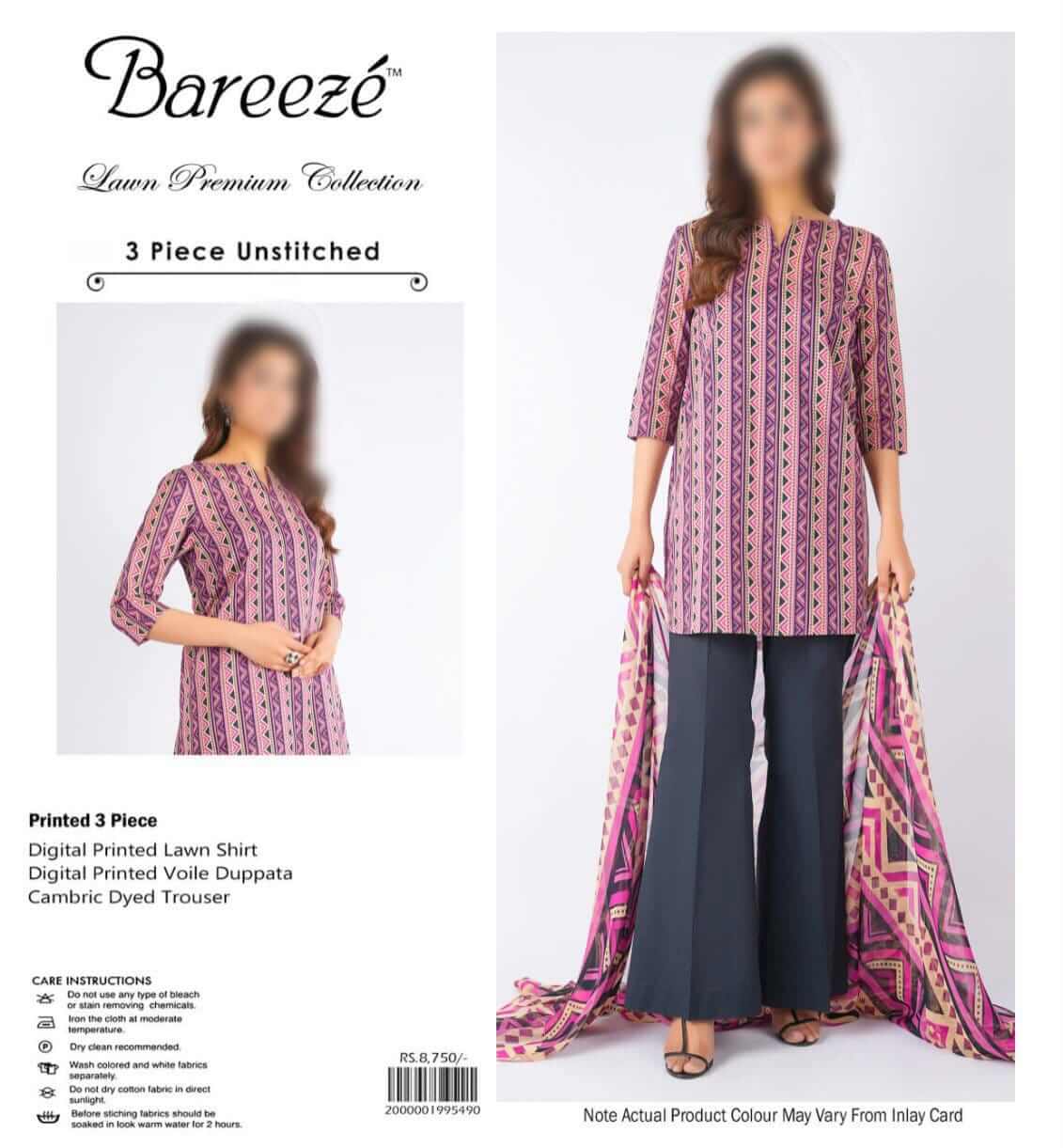 Bareeze Unstitched Printed Lawn 3pc Suit