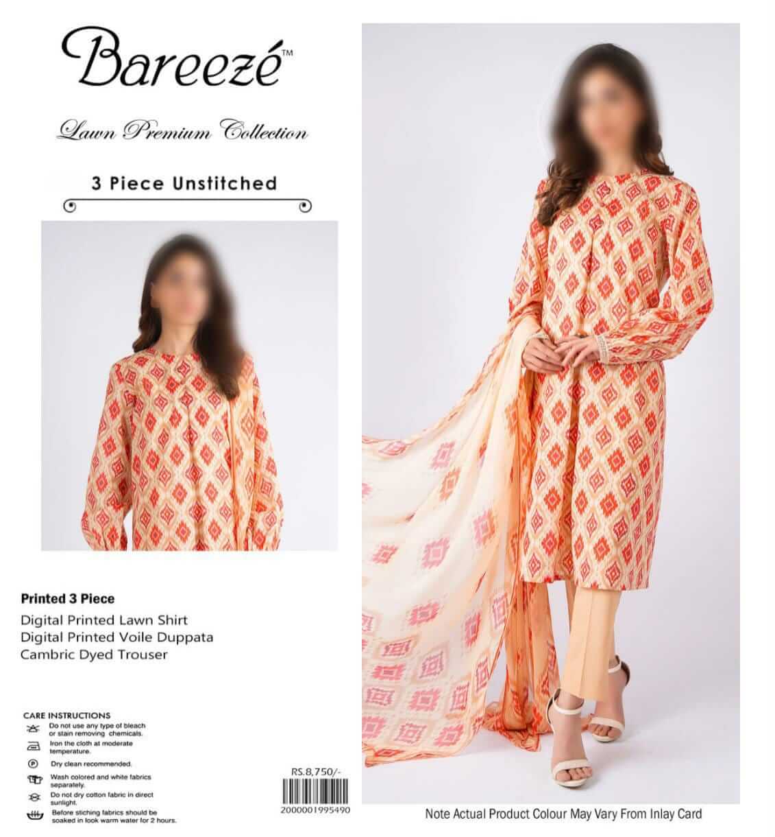 Bareeze Unstitched Printed Lawn 3pc Suit