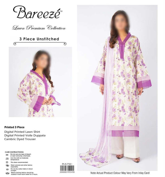 Bareeze Unstitched Printed Lawn 3pc Suit