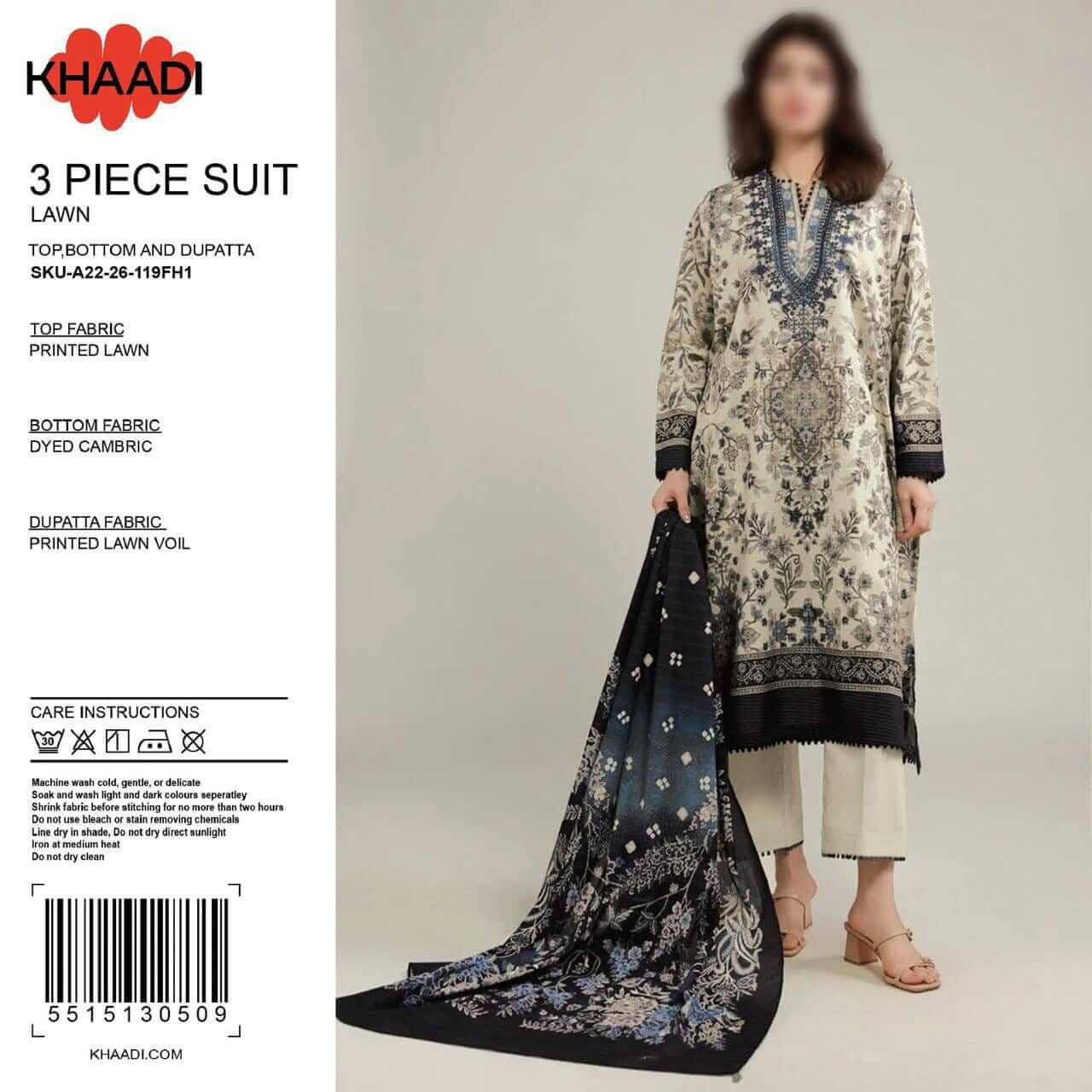 Khaadi Unstitched Printed Lawn 3pc Suit