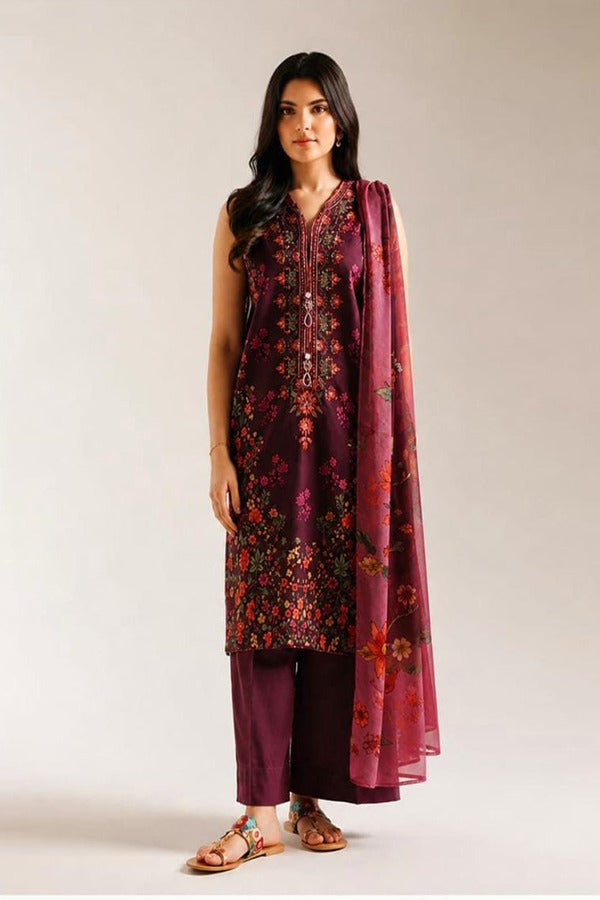 Ethnc 3 Piece Unstitched Embroidered Printed Lawn Suit Noor E Nazar Textile