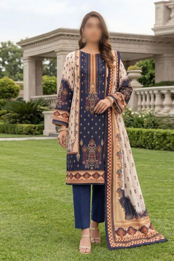 Gul Ahmed 3 Piece Printed Linen Suit | Unstitched Noor E Nazar Textile