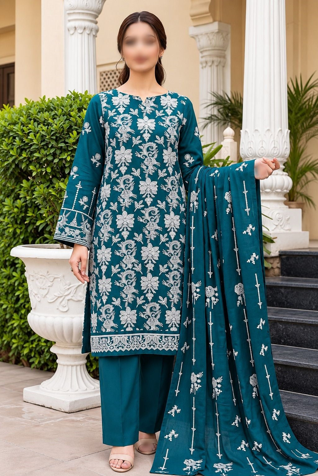 Bareezé Dhanak Slub embroidered 3 piece unstitched suit with dupatta and trouser