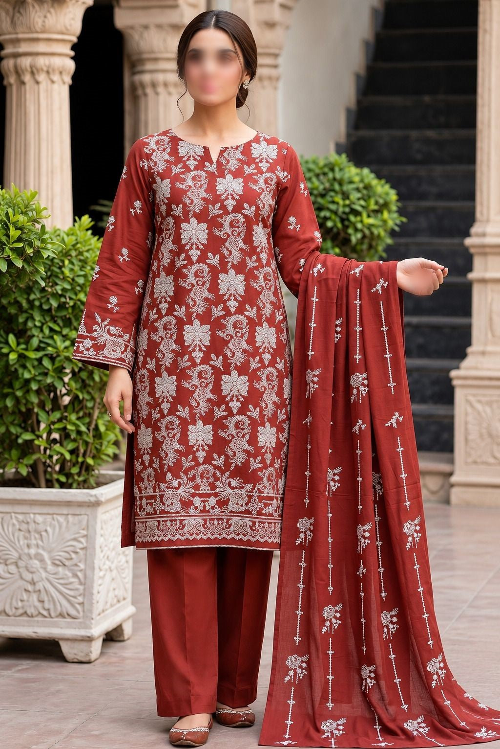 Bareezé Dhanak Slub embroidered 3 piece unstitched suit with dupatta and trouser