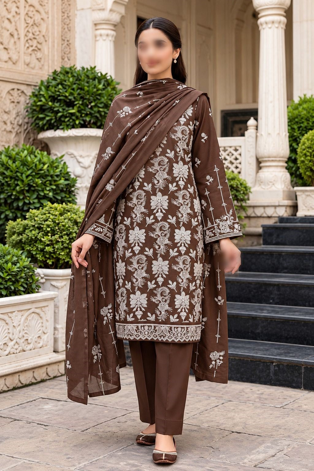 Bareezé Dhanak Slub embroidered 3 piece unstitched suit with dupatta and trouser