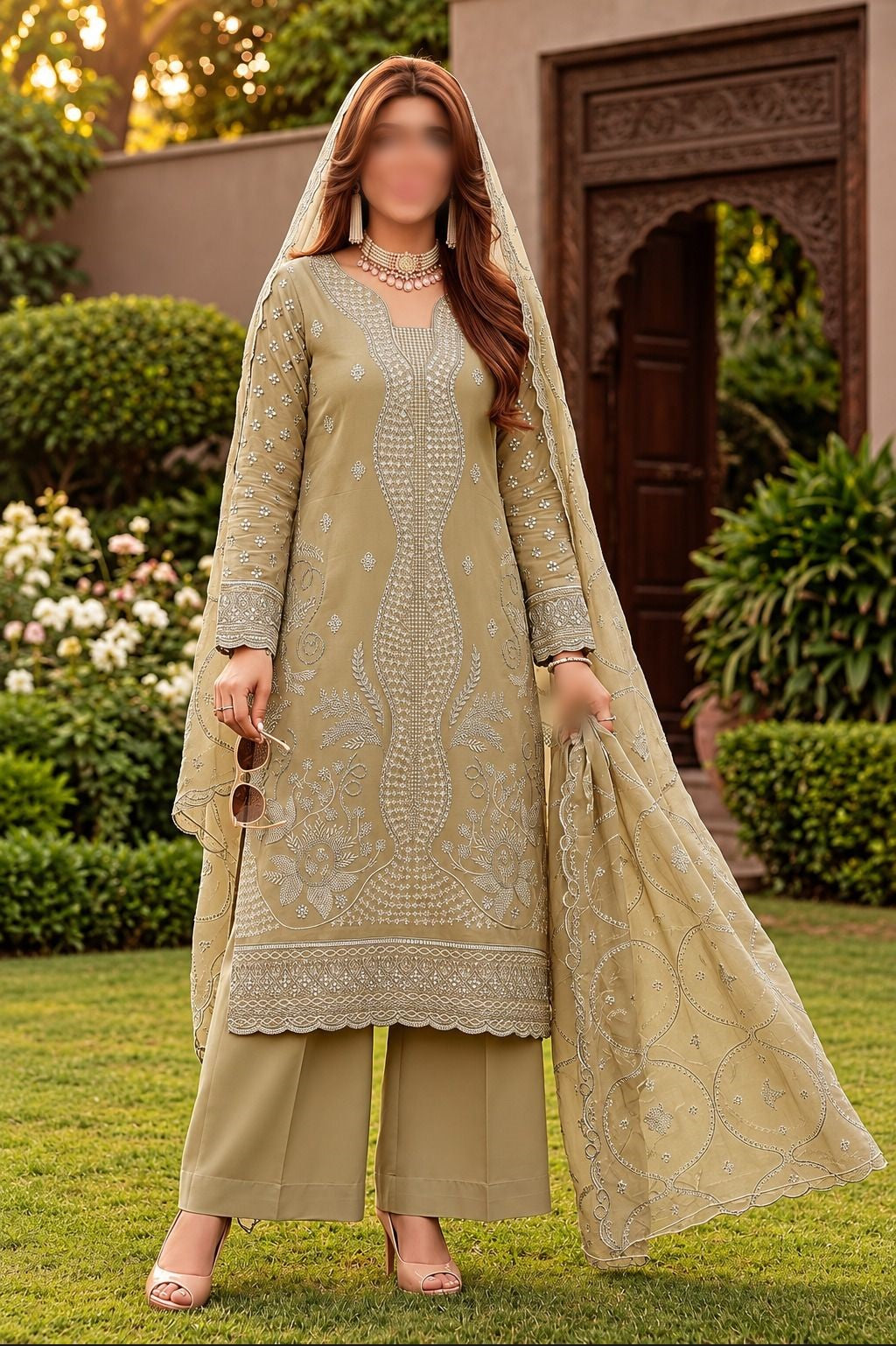 Ethnic Vol-64 embroidered viscose slub dora unstitched 3 piece suit with cutwork dupatta
